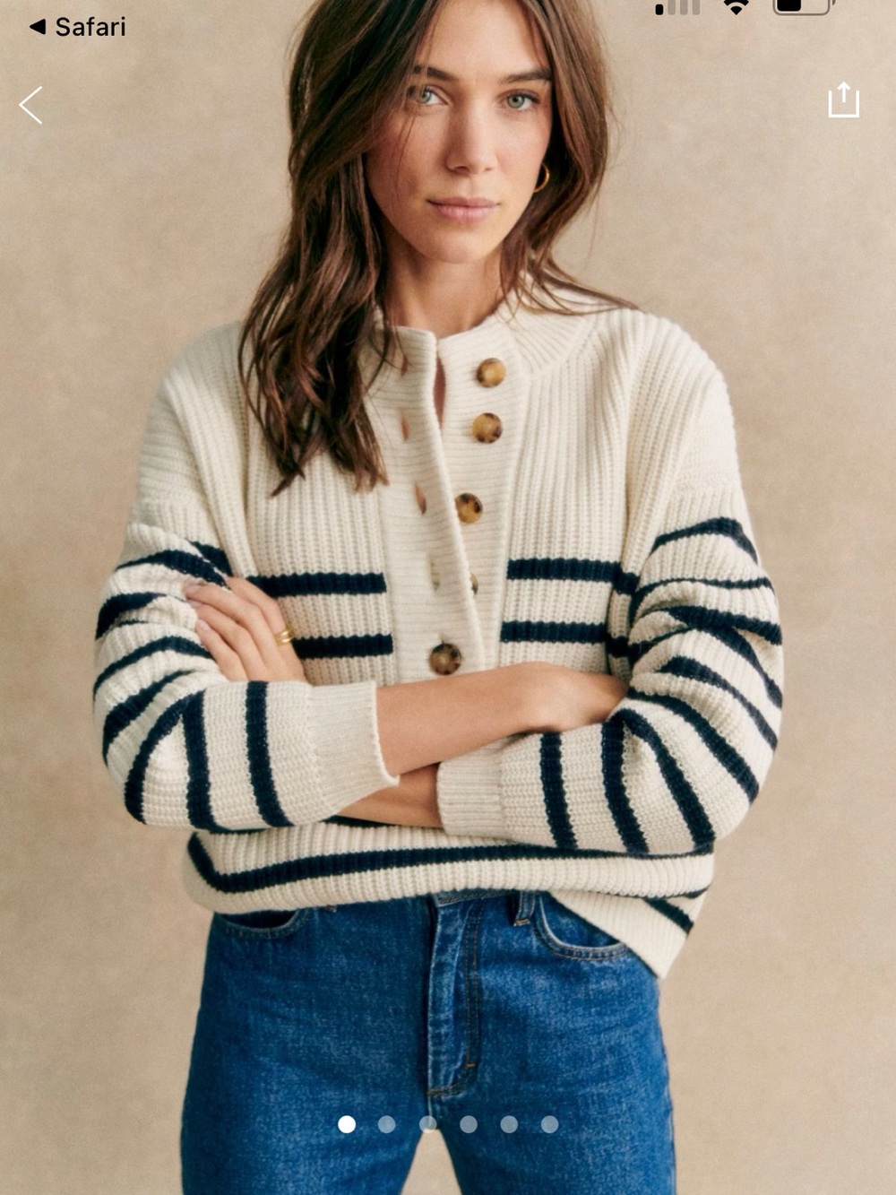 Sezane Ecru and Navy Ribbed Button-Front Sweater
